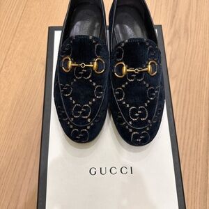 Gucci Navy Velvet Loafers with Gold Accents